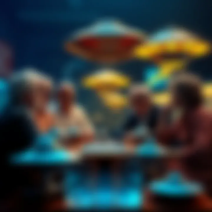 A group of people engaged in a lively debate about classic flying saucers, with models of metallic UFOs on the table.